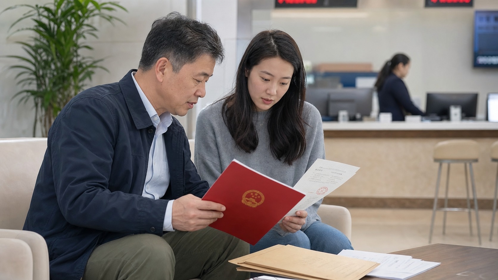 成年父女在不动产服务大厅内核对房产资料和亲属关系文件