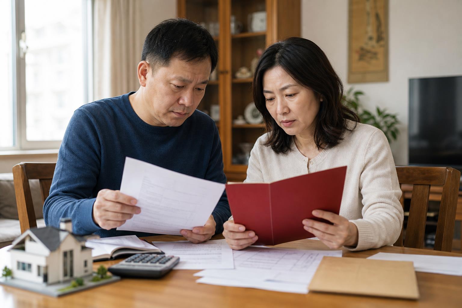 一对夫妇在家中桌前查看房屋资料、计算器和红色文件夹，准备核对出售住房的税务资料
