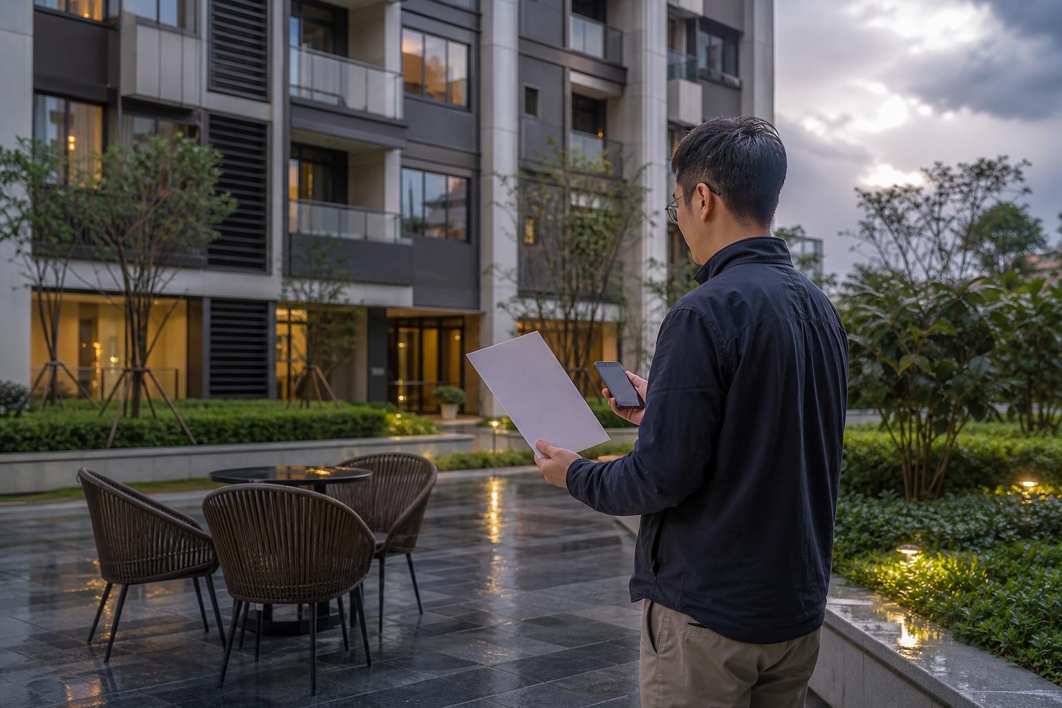 保山市新建住宅外的休息桌椅区，一名购房人手持纸张核对手机付款记录