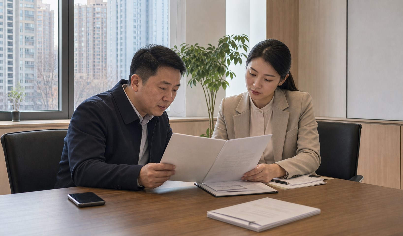 北京住宅窗景前买卖双方核对二手房抵押与银行办理资料