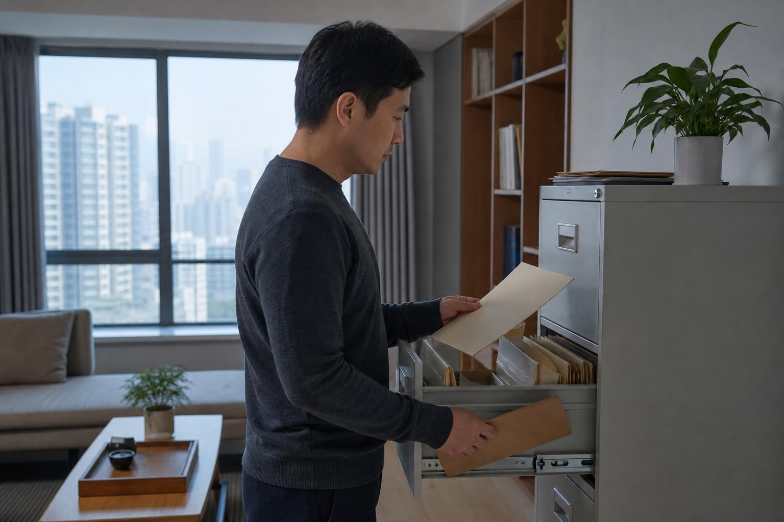 成年人在长沙家中从文件柜取出购房合同资料