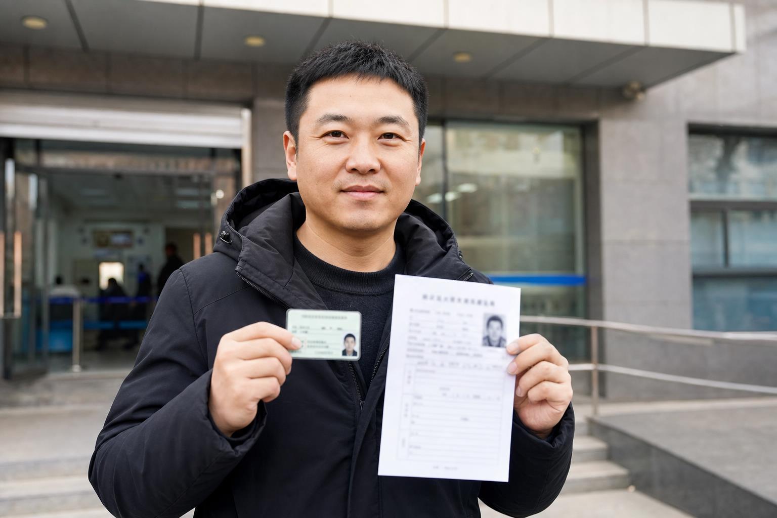 车管服务点外，男子手持驾驶证和办理材料