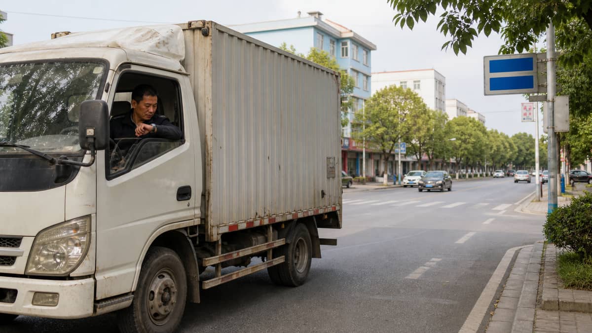 青阳县城外一辆轻型货车在白天路口核对通行时段