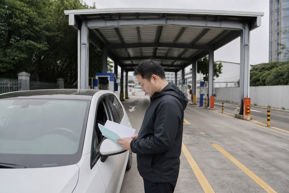 车主在机动车检测站入口核对车辆检验资料