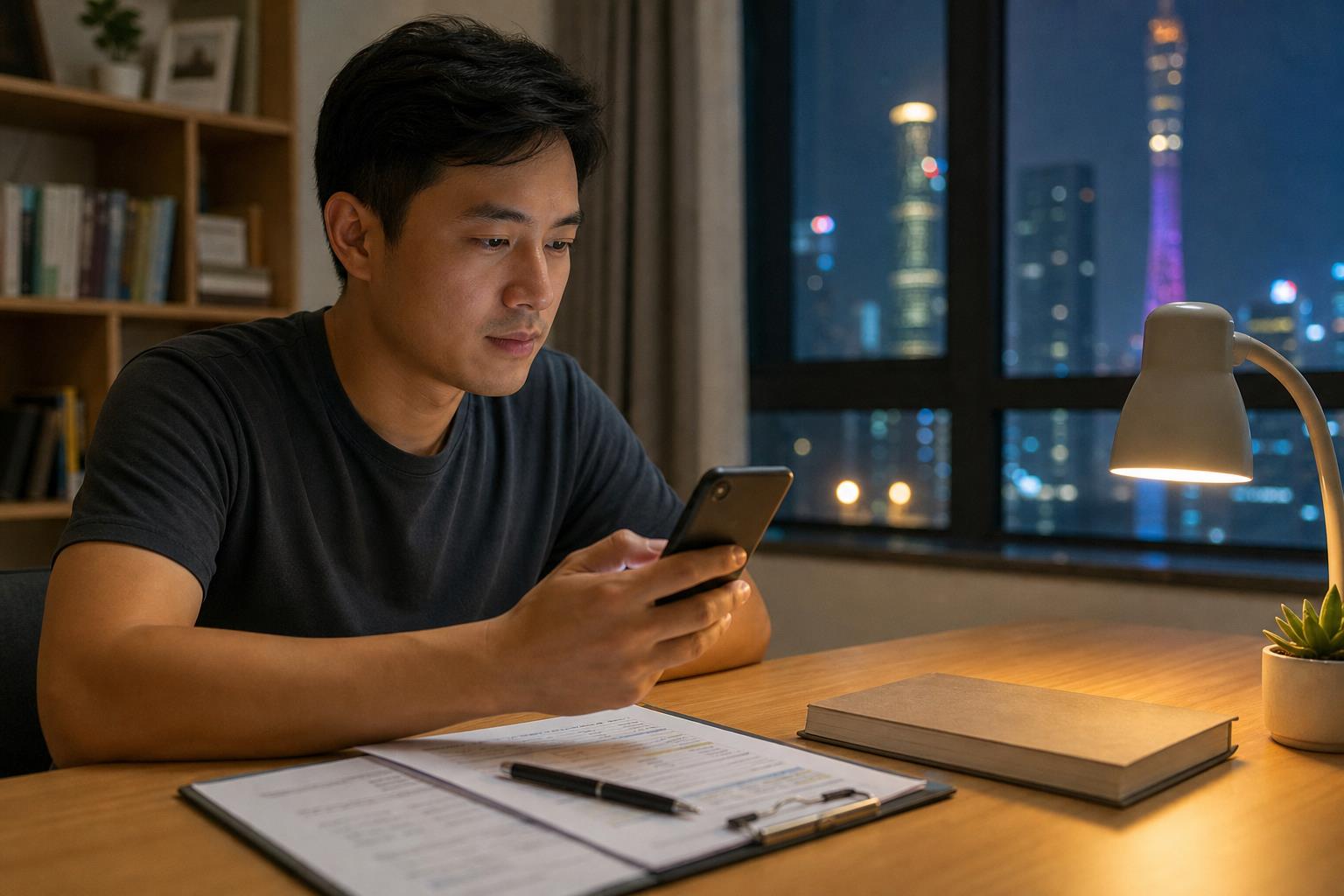 夜间书桌前，男子使用手机查阅出行相关信息