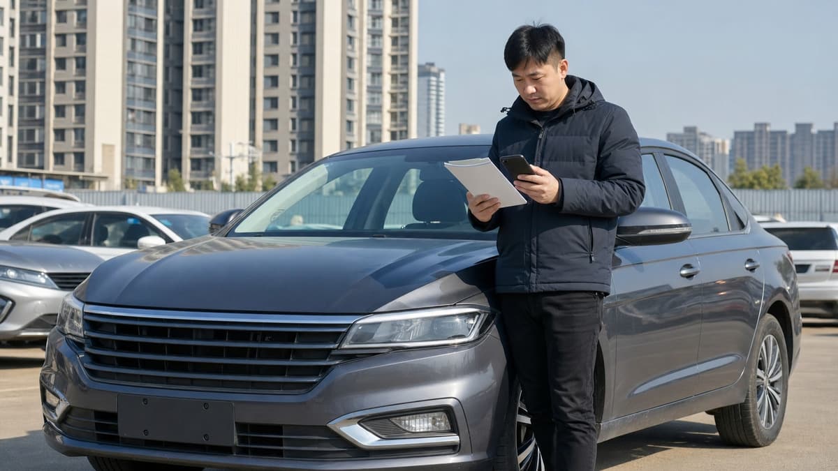 中国二手车买家在无车牌可见的普通轿车旁核对机动车登记证书和手机上的车辆信息