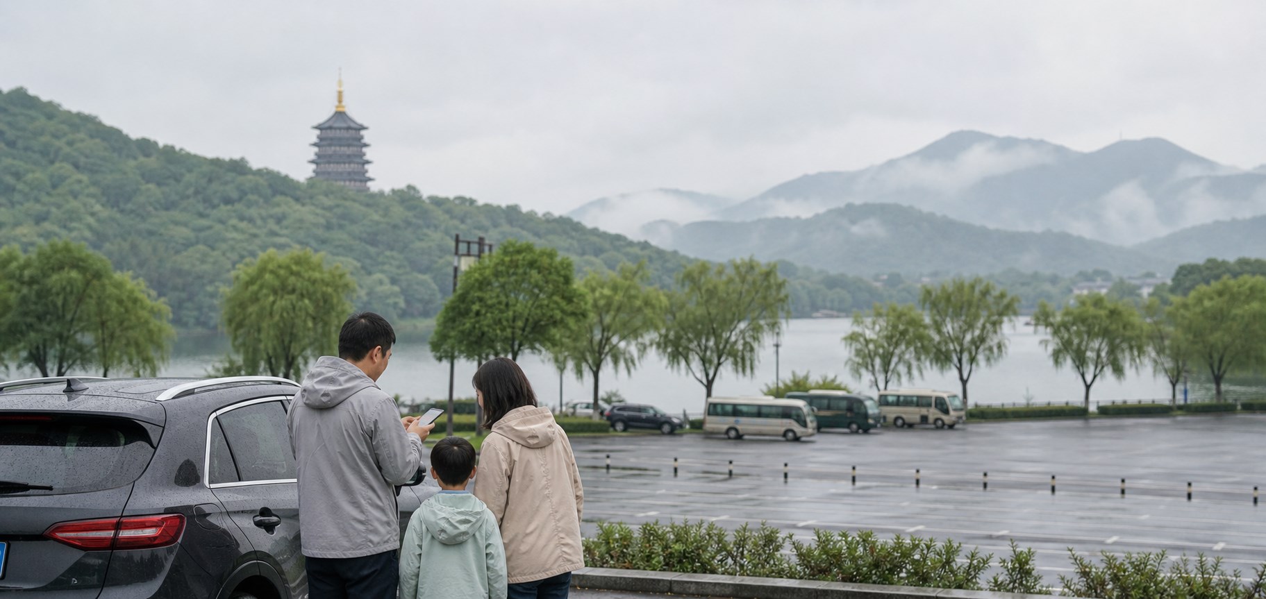杭州西湖雨雾景色前一家人在外围停车场查看景区驾车路线