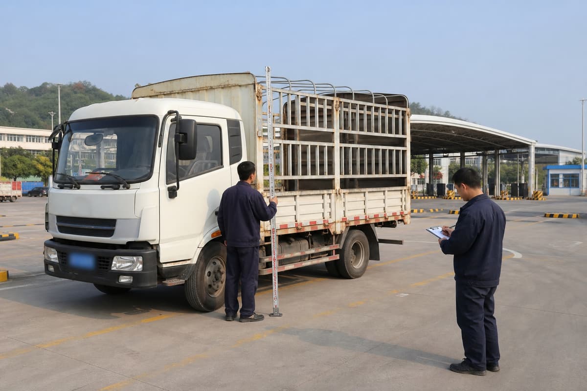 蓬江区道路运输车辆核查场地内工作人员查看货车技术参数
