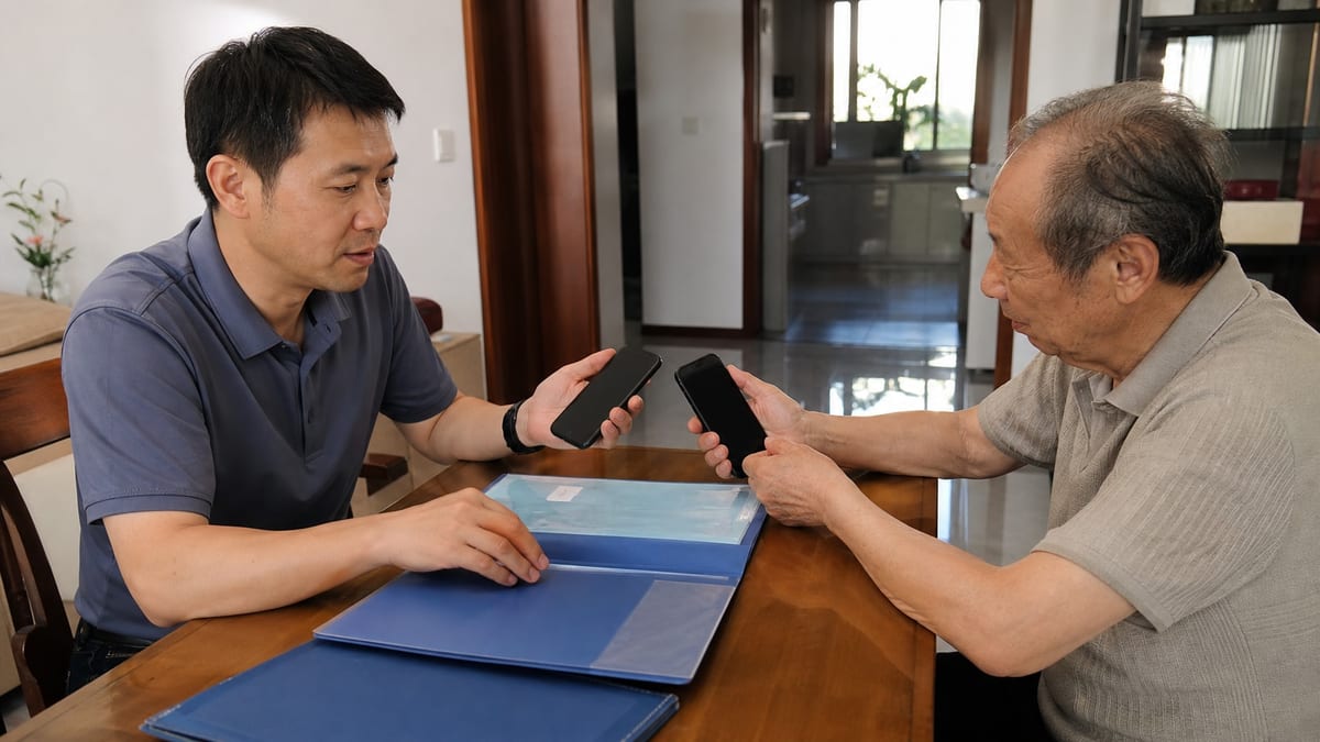中国成年人与家人坐在餐桌旁用手机确认电子委托事项并整理车辆材料