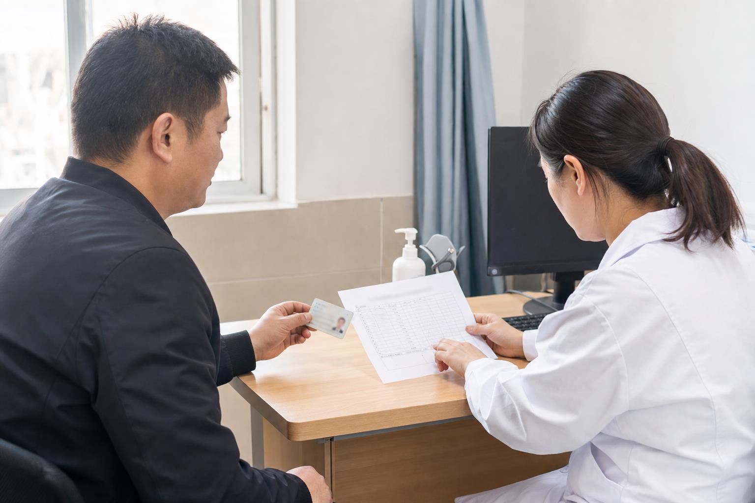 驾驶人在诊室桌前递出证件卡，医务人员核对体检表