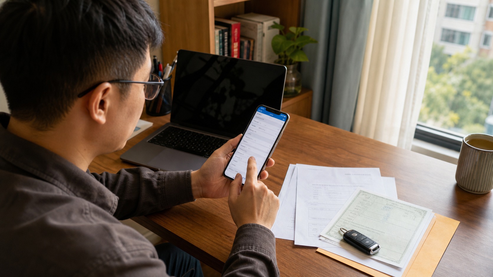 车主在泉州家中书桌用手机核对线上解除车辆抵押信息和结清材料的午后场景
