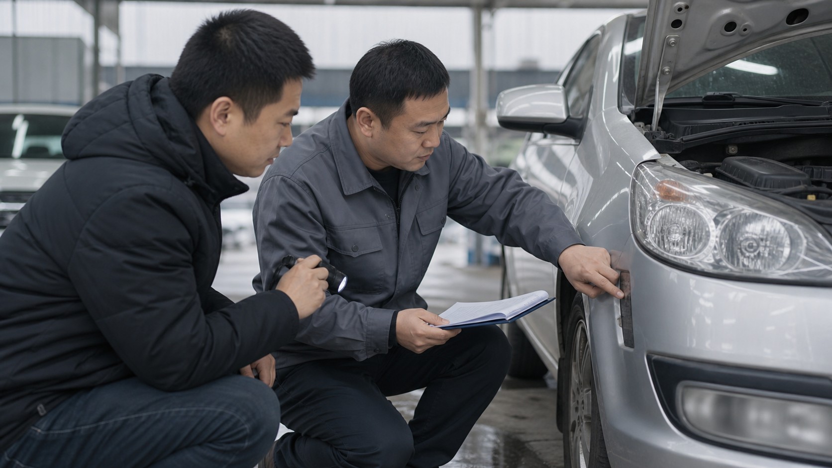 上海闵行城市道路旁买家核对外省二手汽车车架信息和手机转籍状态