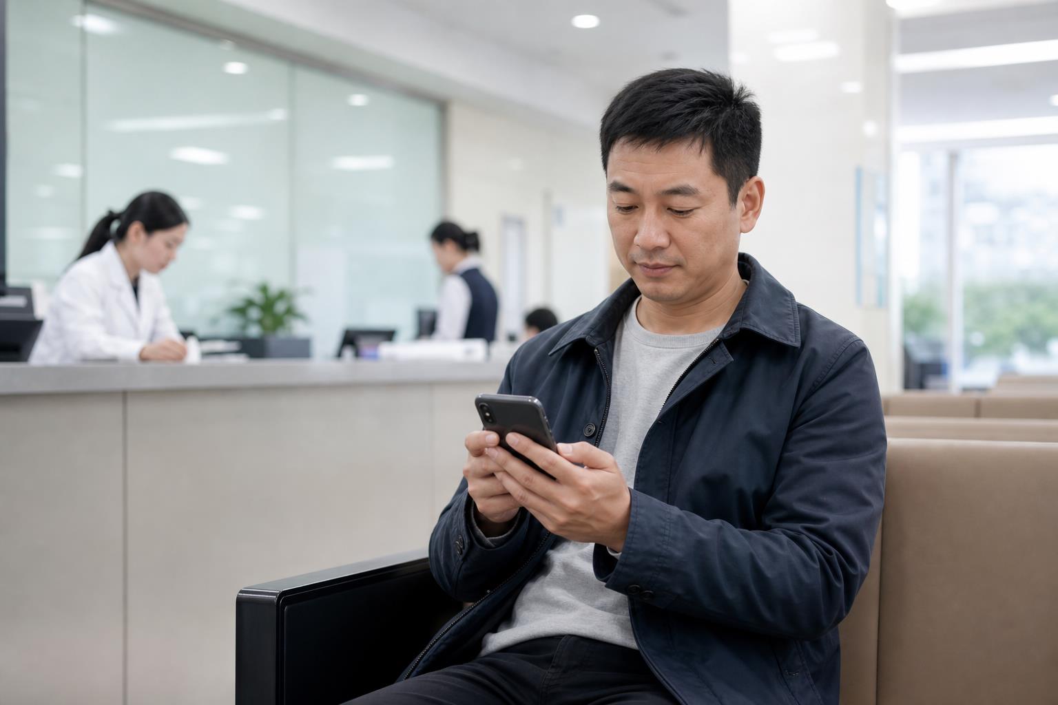服务大厅等候区内，男子使用手机查看驾驶证业务信息