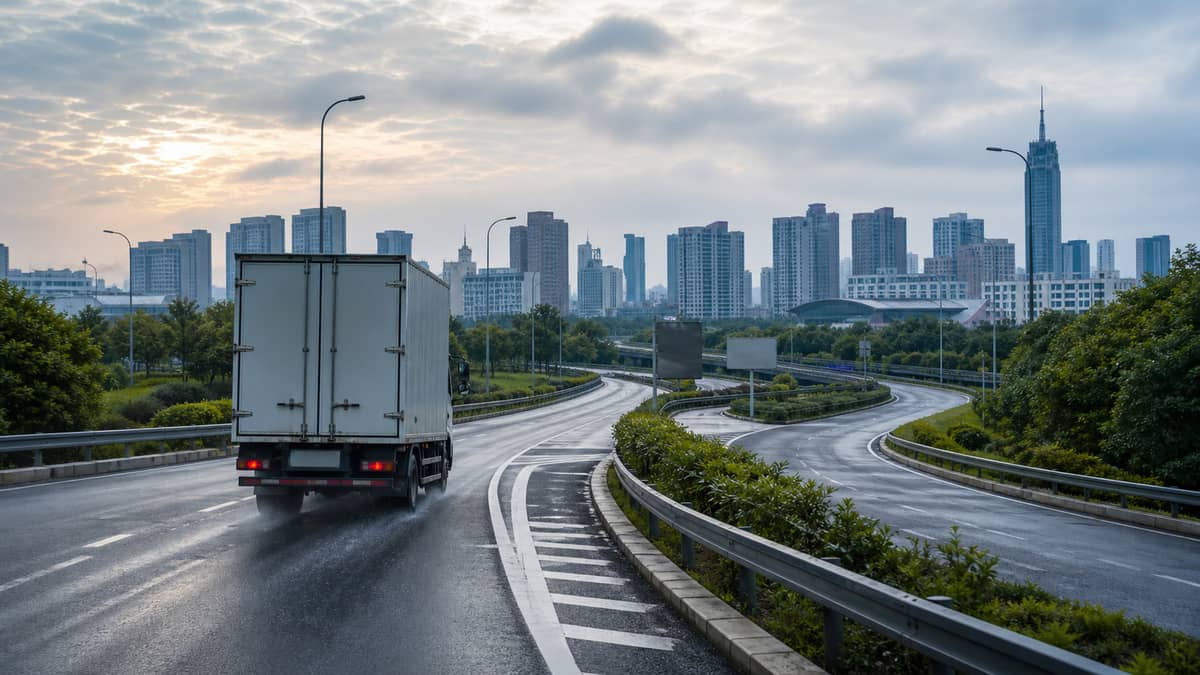 常熟城市三环道路上货车在入口前查看路线分流