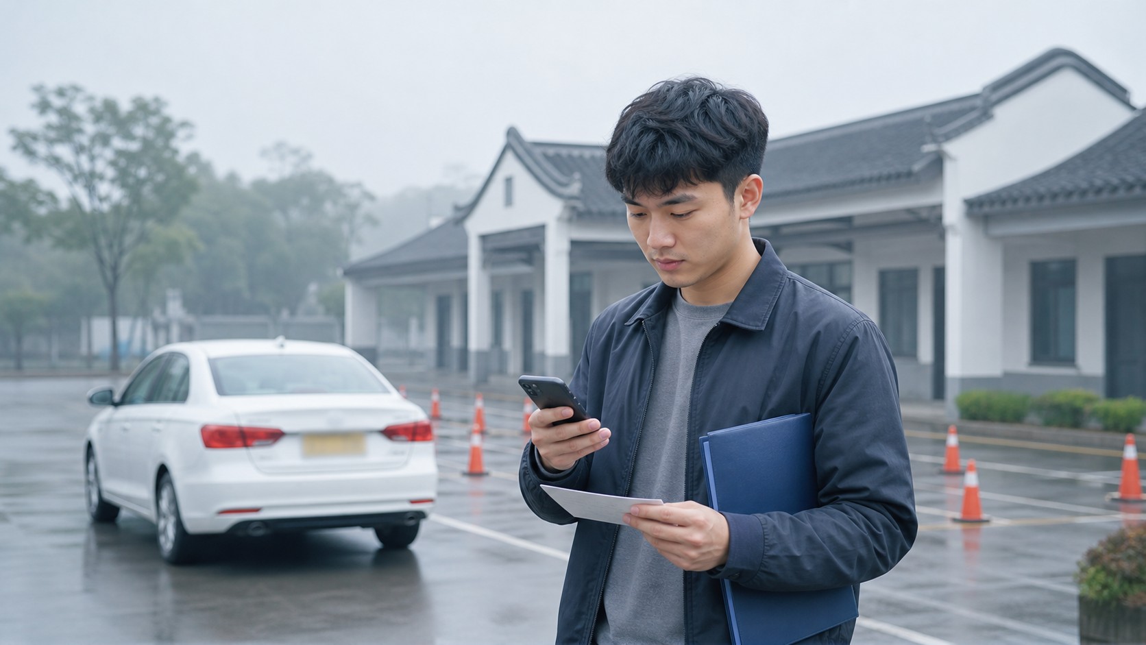 苏州姑苏驾校训练场旁学员用手机核对考试预约和车型变更