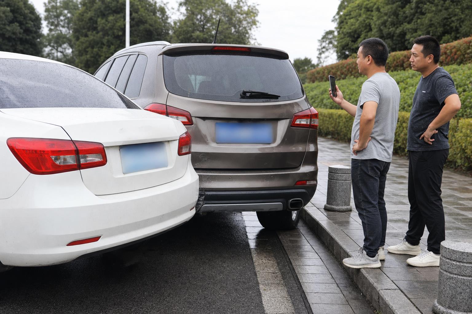 两名驾驶人在宜昌西陵区轻微碰擦后站在安全处使用手机处理