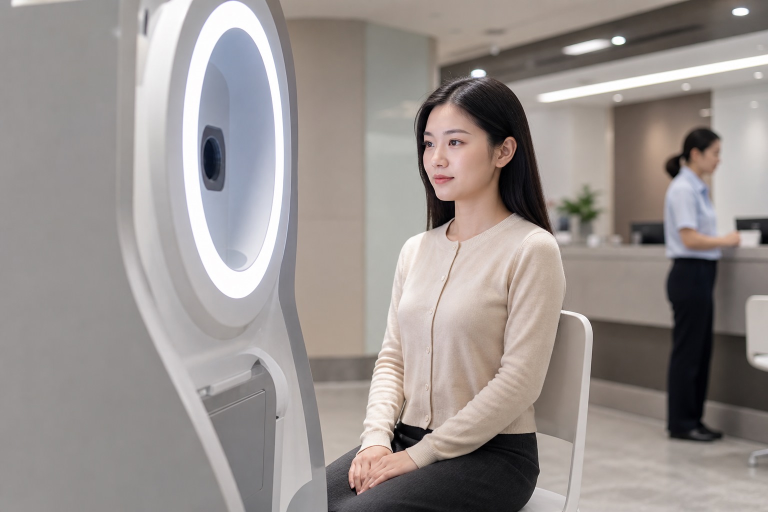 珠海香洲区一名年轻女性在政务服务中心的自助拍照设备前调整坐姿，远处有工作人员