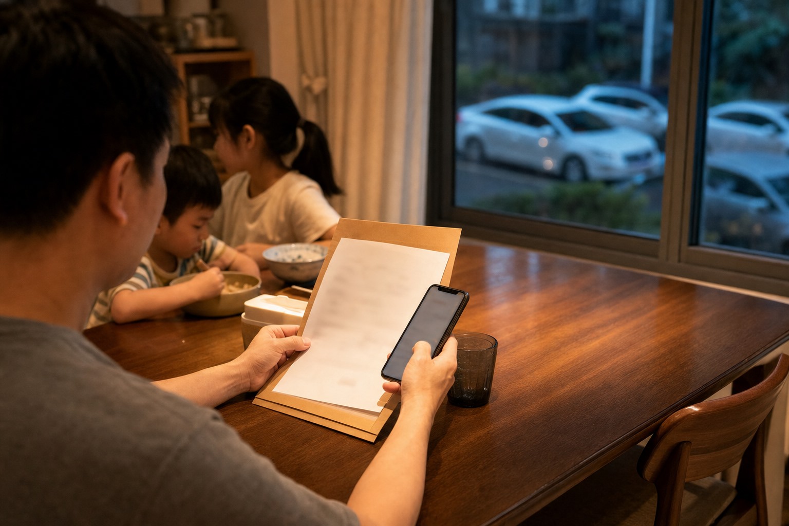 珠海香洲区一名新车车主在家中餐桌旁查看手机上的税务申报步骤，窗外停着模糊汽车，画面没有文字、品牌或清晰车牌，也没有两轮车辆