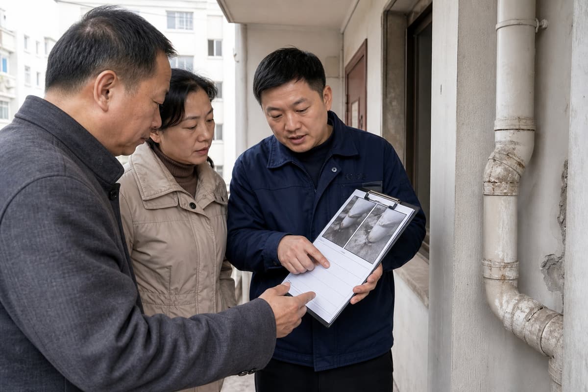 罗源县小区物业人员与业主代表查看公共设施维修照片