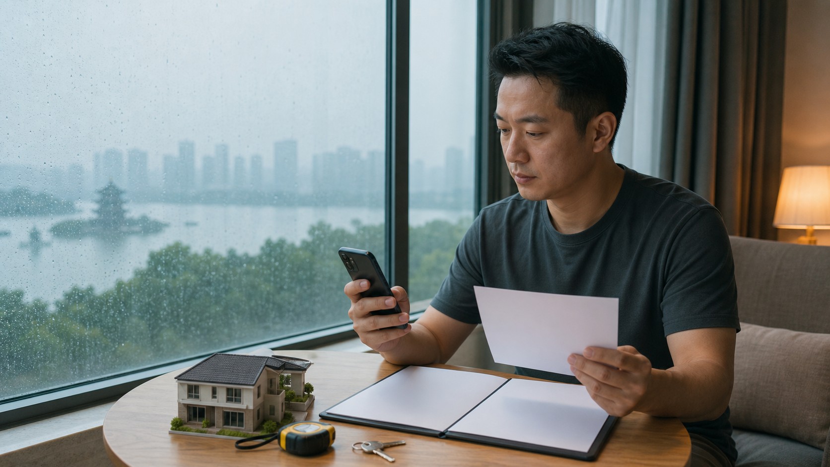 杭州余杭住宅窗边业主用手机核对房屋记录并准备自主挂牌
