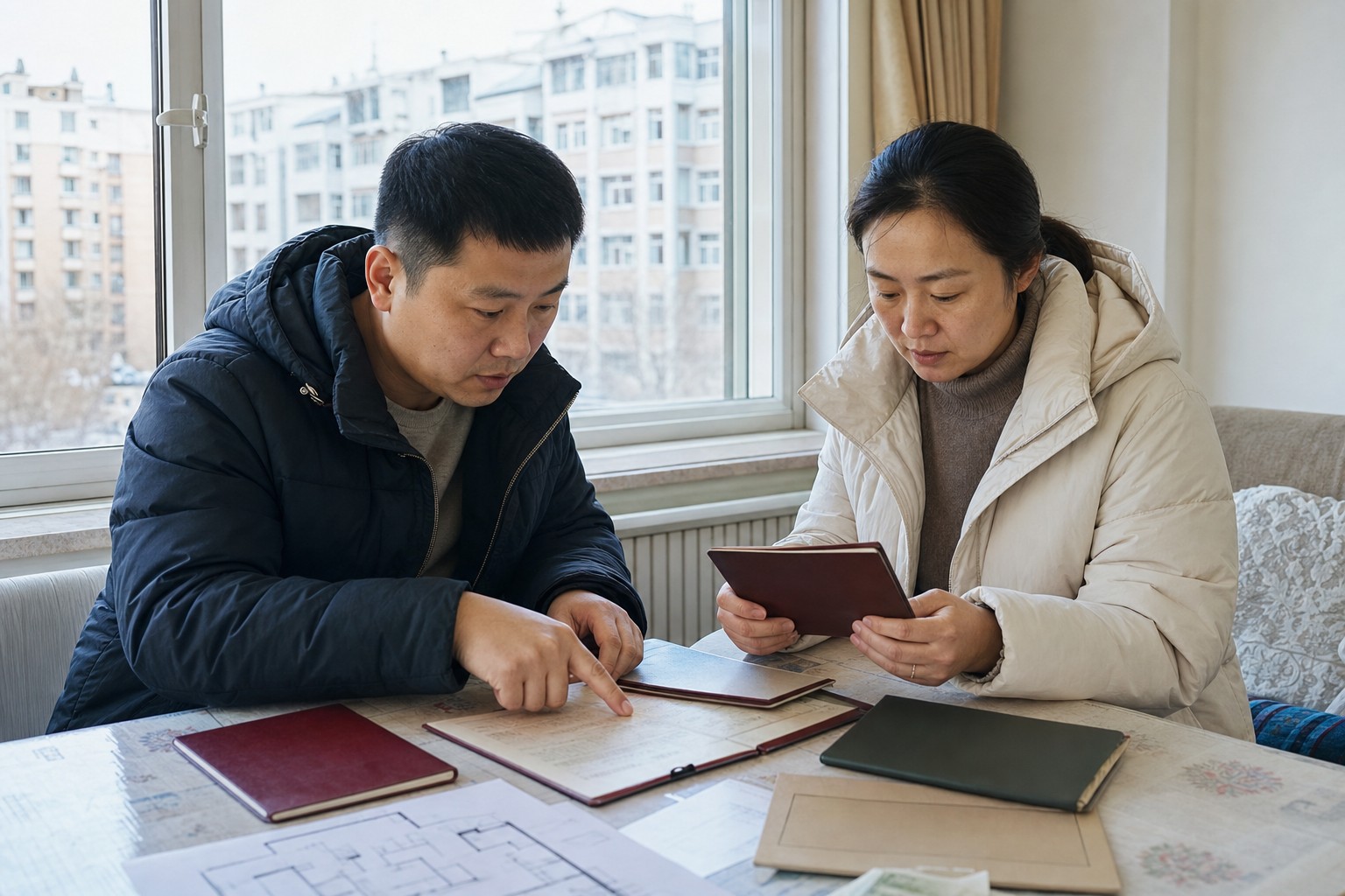 冬日自然光下家长在呼和浩特住宅桌边核对房产与入学材料