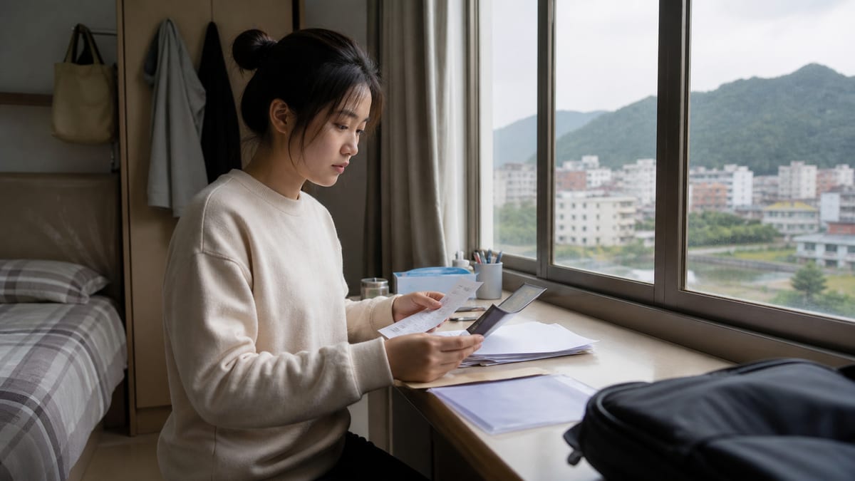 通道县青年在租住房间窗边整理就业证明和身份证件