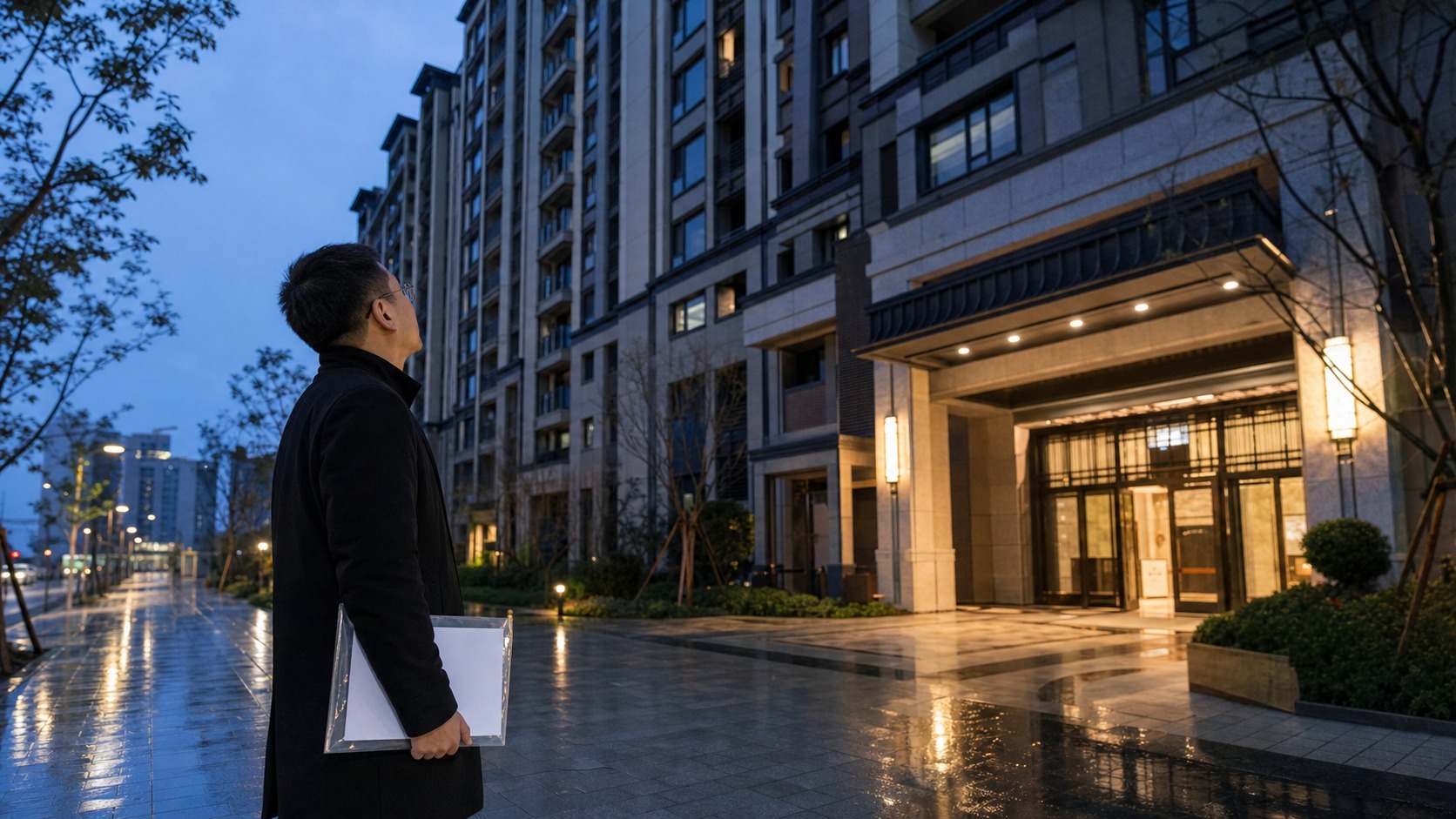 兰州城关新建住宅外的购房人拿着资料夹查看楼盘入口