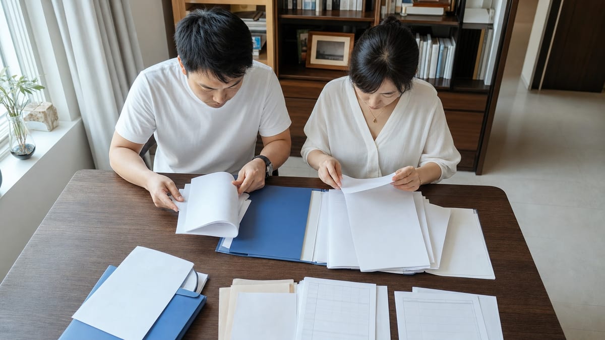 一对中国夫妇在家中把异地二手房产权证、买卖合同、发票和社保证明分组整理