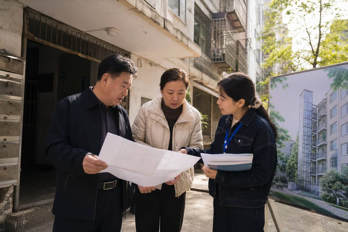居民在无电梯住宅楼前查看加装电梯资料