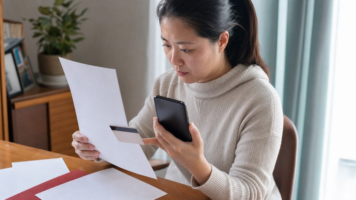 中国购房者在家中用手机核对存量房产权证、合同编号和银行卡，准备线上提取