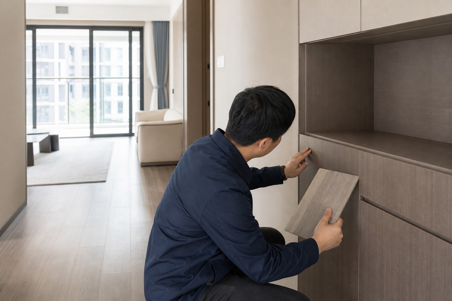 购房人在海安成品住宅室内对照木饰面样板检查柜体交付质感
