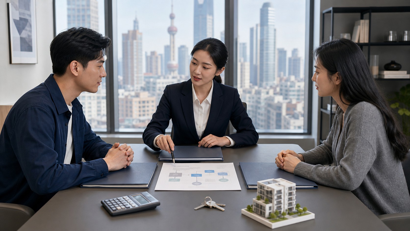 上海闵行住宅交易咨询桌前买卖双方核对资金监管账户和付款日程
