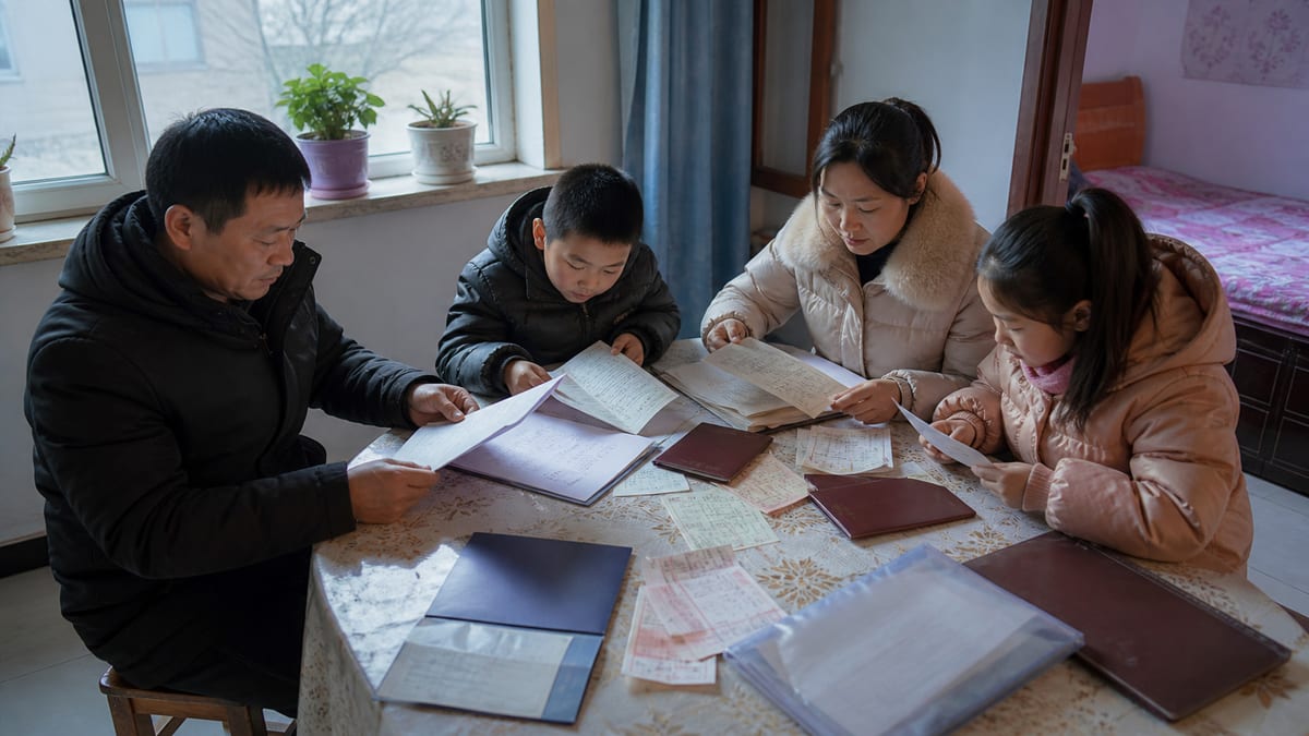 明水县居民在家中餐桌整理户口簿和租房凭据准备住房补贴复查