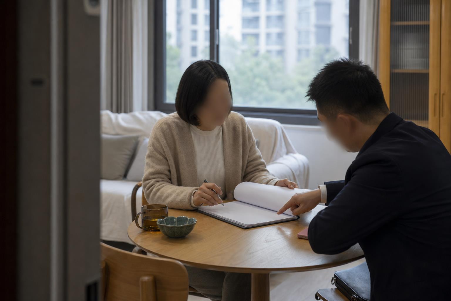 购房人在苏州住宅客厅核对二手房资金托管资料