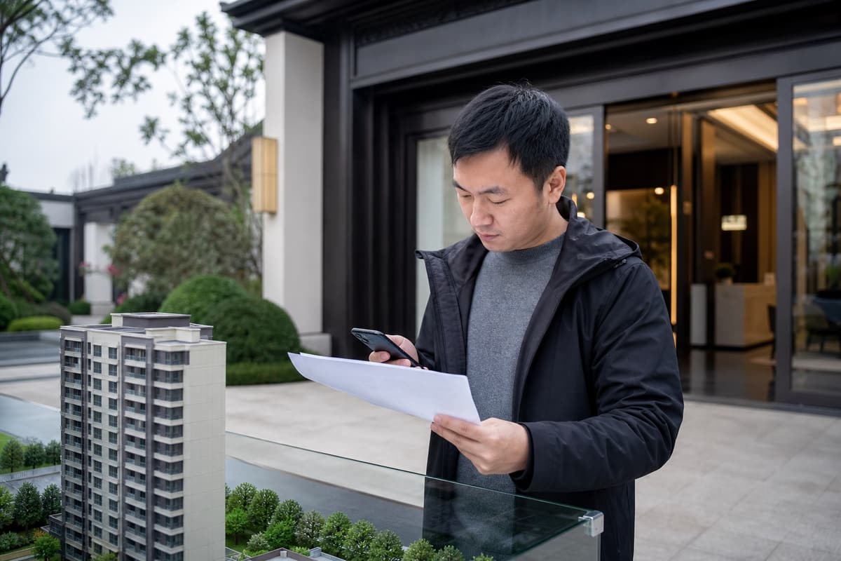 购房人在住宅销售中心外查看购房合同和手机资料