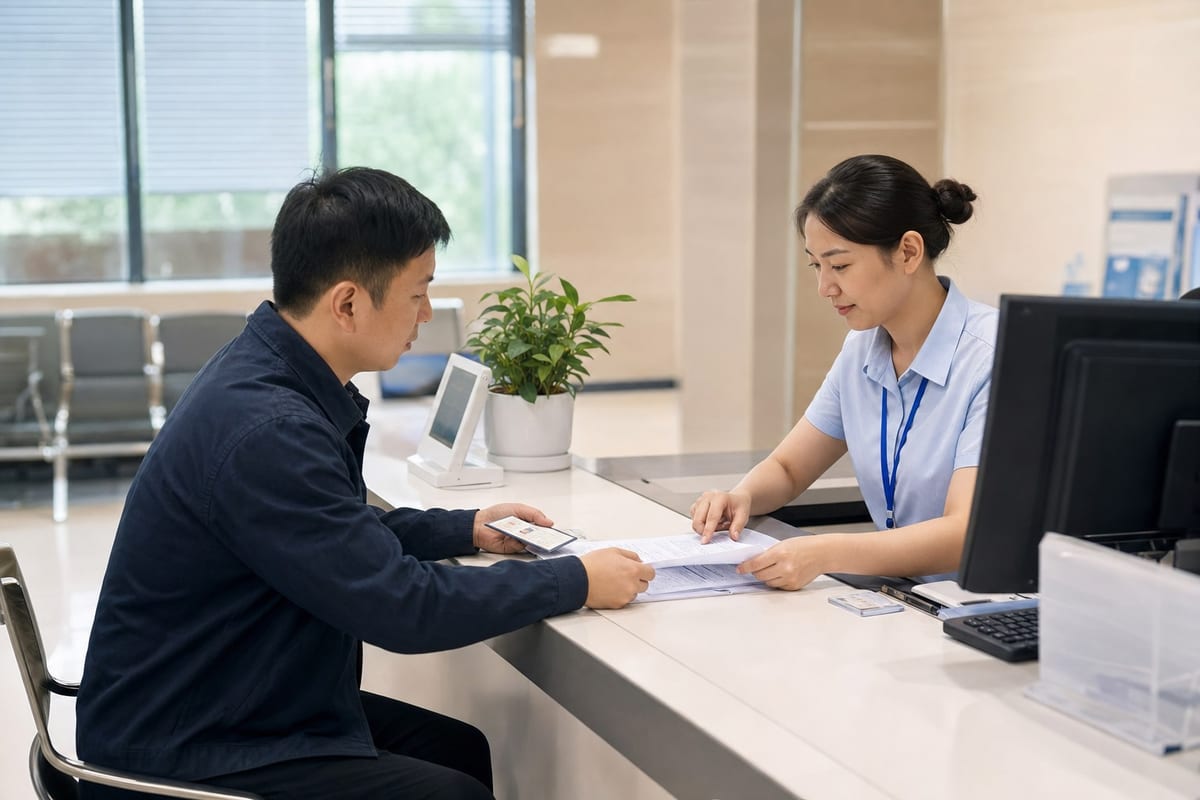租客与住房服务人员在办事柜台核对租赁合同和身份材料