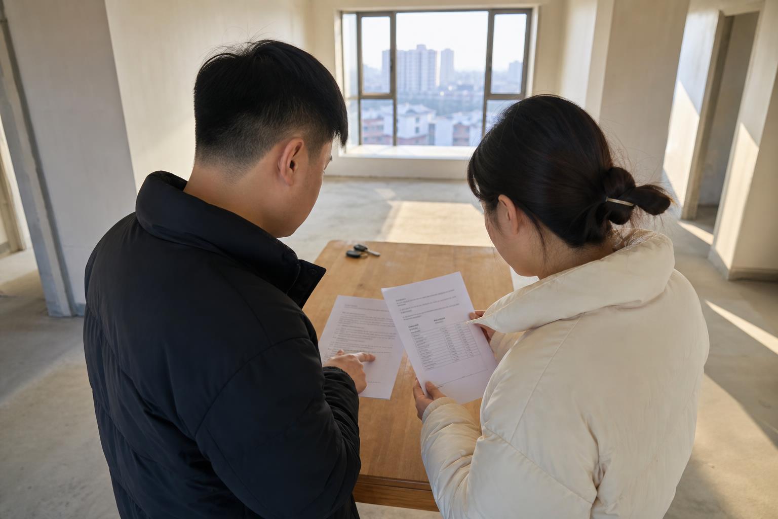 两名购房人在毛坯住宅内的木桌旁核对购房合同和账户资料