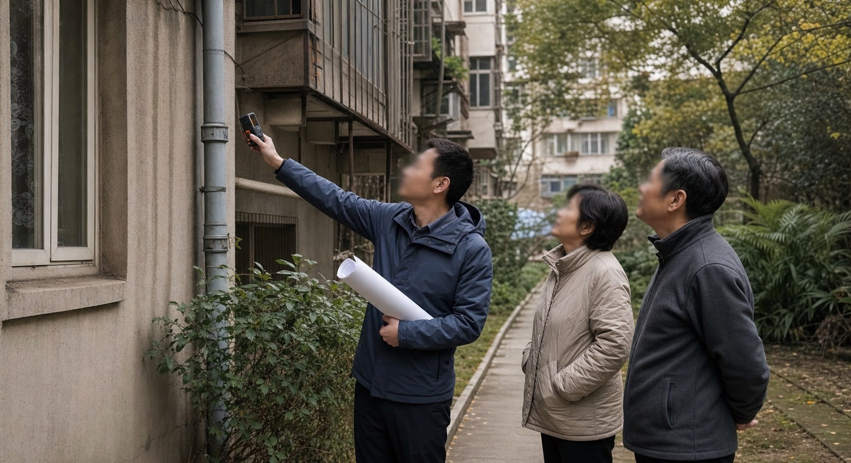 专业人员在尚未施工的老旧住宅小区测量外墙和排水设施的无文字场景