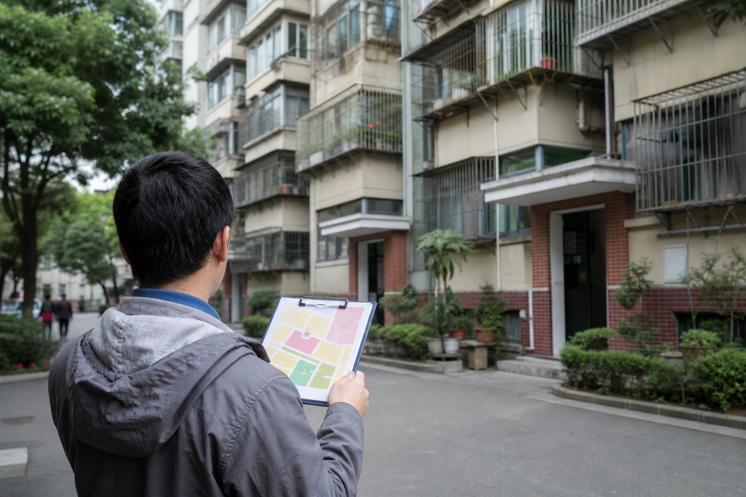 购房人在西陵老住宅区拿着无文字分区图逐栋核对更新范围