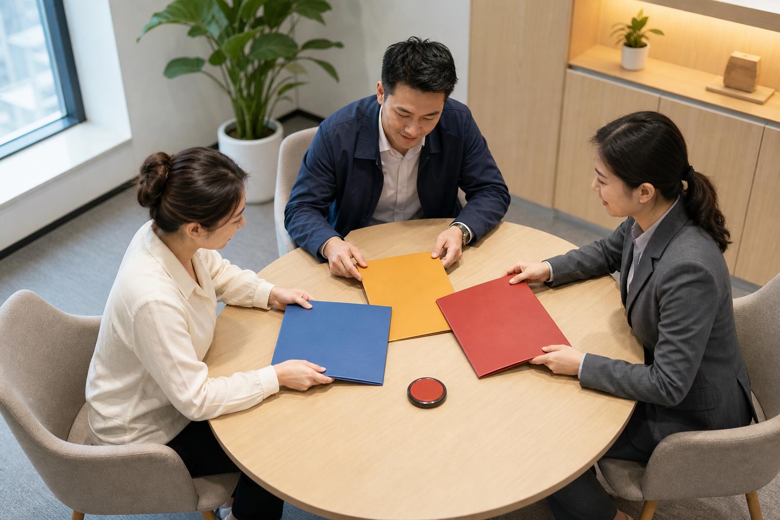 明亮的资金监管洽谈室里，三名成年人围坐圆桌，各自拿着蓝、黄、红资料夹核对二手房监管协议