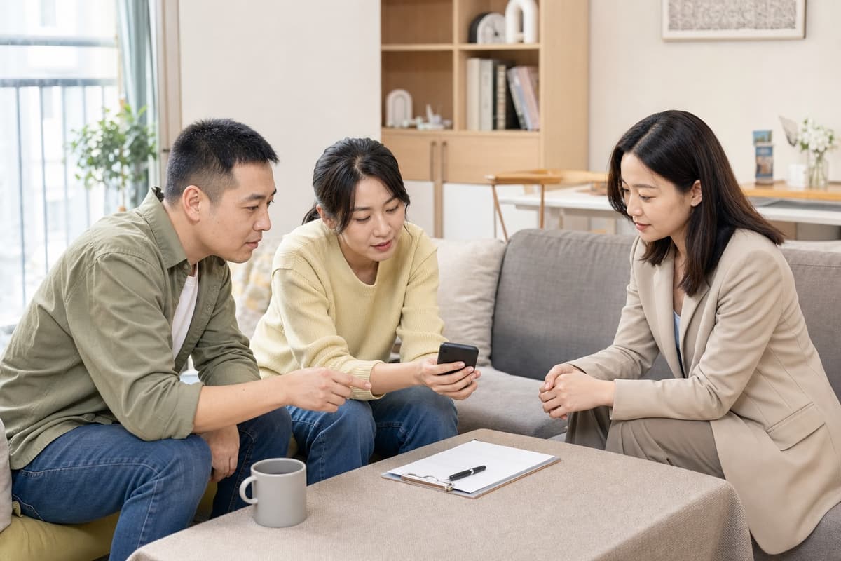 二手房买卖双方在明亮客厅用手机核对电子合同